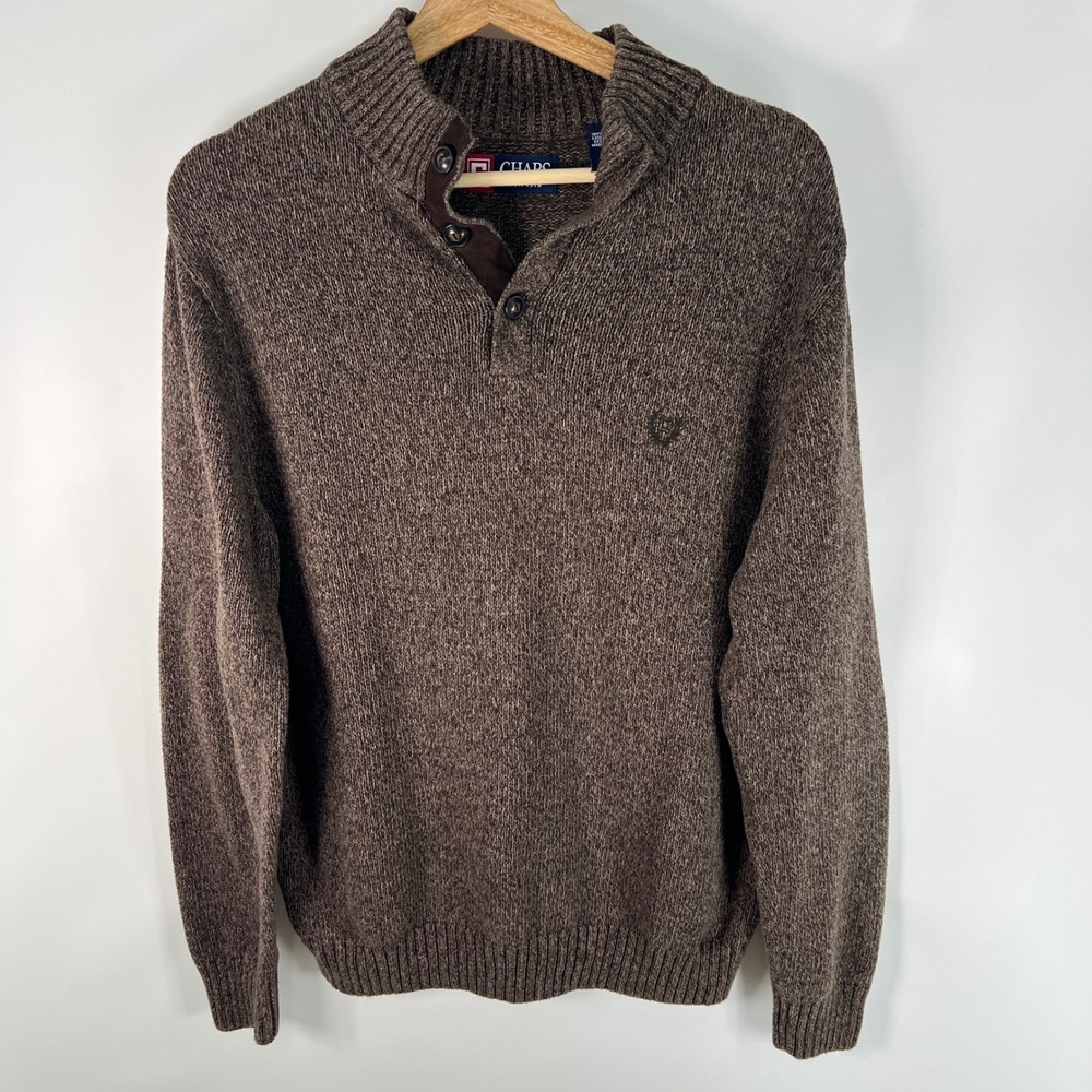 Chaps Mens Brown Marl Cotton Mock Neck Button Sweater Elbow Patches Size M